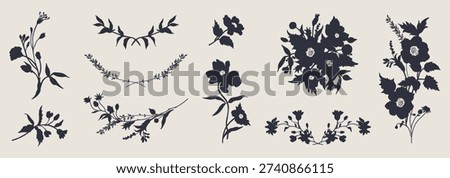 Elegant black silhouettes of hand drawn floral design elements. Flowers, stems, herbs, greenery. Floral frame. Vector illustration 