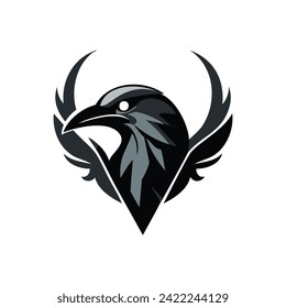 Elegant Black and Silver Raven Logo with Sharp Edges and Intense Gaze