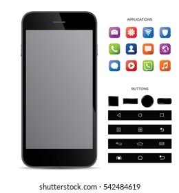 Elegante smartphone negro con coloridos iconos de pantalla , aplicaciones. Iphon móvil negro aislado, ilustración vectorial realista y conjuntos de botones.