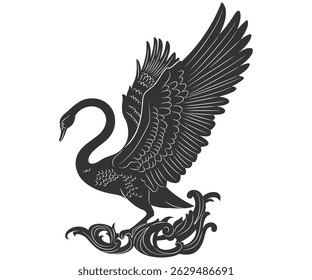 Silhueta de cisne preto elegante com asas decorativas e elemento de água ornamental
