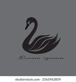 Elegant Black Swan Silhouette Vector with Decorative Feather Details on Gray Background