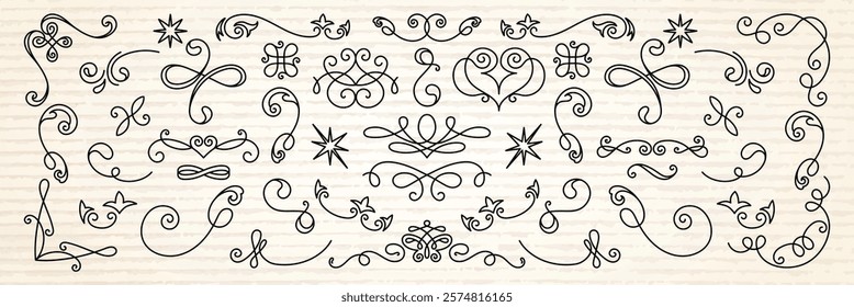 Elegant black swirls and flourishes on a light background. Decorative swirls and flourishes create a vintage feel. Perfect for design accents and embellishments. Hand drawn ornament vector set.