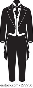 Elegant black tailcoat suit featuring white satin lapels and trim, paired with a white bow tie and black trousers, in a clean silhouette.