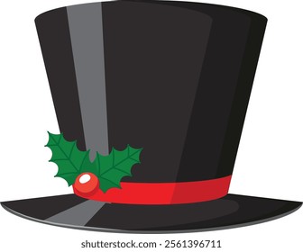 Elegant black top hat adorned with a striking red ribbon and festive Christmas decorations, embodying style and sophistication for winter holiday celebrations and gatherings