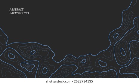 Fundo topográfico preto elegante com linhas de contorno azul elegante. Perfeito para marcas modernas, mapas ao ar livre ou cartazes criativos. Estilo abstrato limpo e profissional.