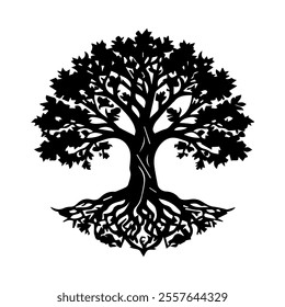 Elegant Black Tree Silhouette with Detailed Roots and Branches on White Background
