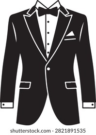 Elegant black tuxedo jacket featuring peak lapels, satin trim, and a bow tie, ready for formal events and black-tie occasions.