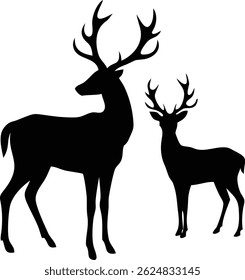 Elegant black vector art shows a larger deer and a smaller deer standing side by side. The silhouettes capture their graceful forms and the unique shape of their antlers.
