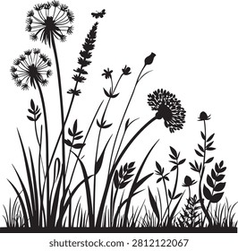 Elegant black vector illustration featuring various wildflowers and dandelion seeds floating in a white background