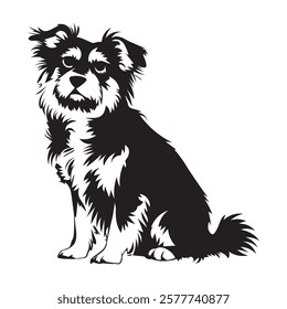 Elegant black vector silhouette of a dog standing on grass, showcasing detailed fur texture and a playful posture. 
Perfect for logos, designs, pet-related businesses, or decorative purposes.
