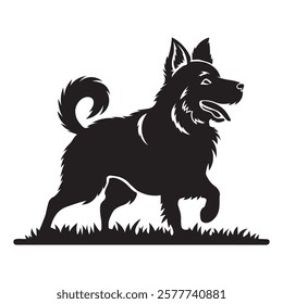 Elegant black vector silhouette of a dog standing on grass, showcasing detailed fur texture and a playful posture. 
Perfect for logos, designs, pet-related businesses, or decorative purposes.
