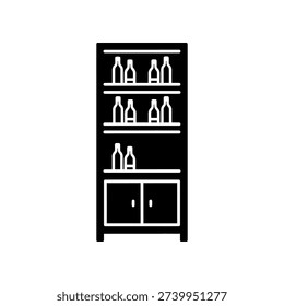 Elegant black wall-mounted wine rack holding three bottles and four glasses, minimalist design with soft lighting for home bar or kitchen decor.