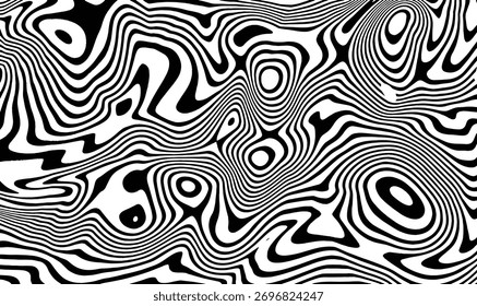 Elegant black and white abstract pattern featuring curved flowing lines forming a hypnotic illusion. Ideal for design surfaces, wallpapers, and digital art use.