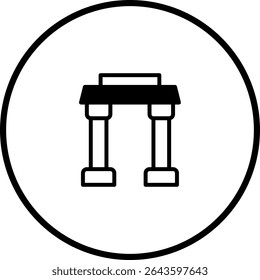 Elegant black and white arched entrance gate icon within a circular border design
