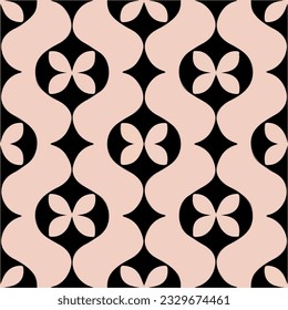 Elegant black and white art nouveau pattern featuring a mesmerizing combination of circles, peppermint motifs, and delicate flower motifs.