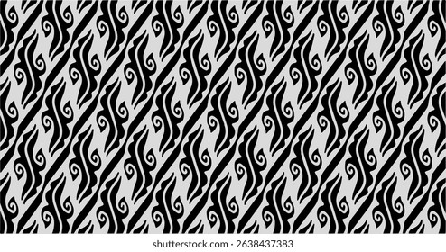 Elegant black and white batik pattern with rhythmic diagonal flow and stylized ethnic curls for textile or decor.
