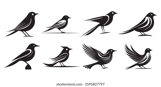 Elegant Black and White Bird Silhouettes in Vector Style, Set of Stylized Bird Icons with Modern Artistic Shapes, Collection of Decorative Bird Illustrations in Monochrome.