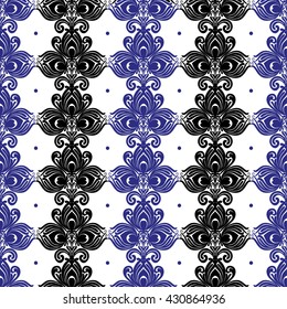 Elegant black and white and blue ornamental seamless floral pattern on isolated background Vector
