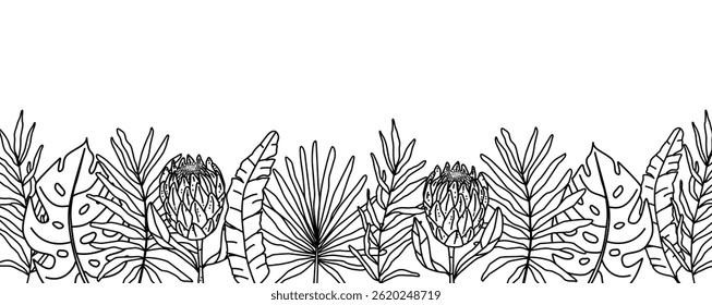 Elegant black and white botanical banner with hand-drawn tropical leaves and protea flowers. Perfect for coloring books, invitations, eco branding, packaging, and nature-inspired graphic design.