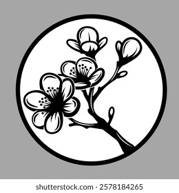 Elegant Black and White Botanical Illustration Featuring Sakura Branch.