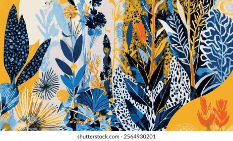 Elegant Black and White Botanical Illustrations with Vibrant Accents. Abstract Art Featuring Diverse Plant Life against Bold Blue and Yellow Backgrounds.