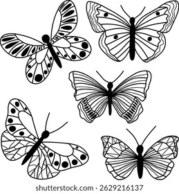 Elegant Black and White Butterfly Line Art Illustrations for Coloring or Design. A set of five intricately designed butterfly illustrations with distinct patterns, ideal for art projects, coloring 