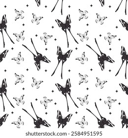 Elegant black and white butterfly pattern featuring delicate long-tailed and small butterflies with decorative details, ideal for textiles, wallpaper, packaging, and stylish nature-inspired designs.