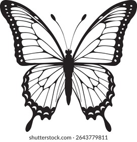 Elegant black and white butterfly silhouette Vector Art Illustration.
A sophisticated, symmetrical silhouette of a butterfly, perfect for showcasing beauty, elegance, or nature-inspired designs.