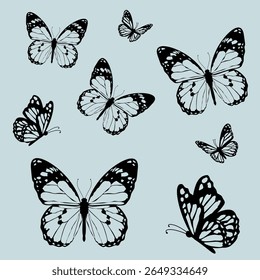 Elegant black and white butterfly silhouettes on a light blue background. Perfect for wall art, decals, or nature-themed designs. High-quality vector illustration. EPS10