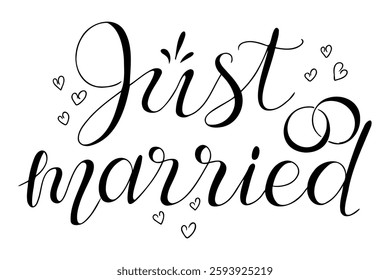 Elegant black and white calligraphy of Just Married with hearts and wedding rings, perfect for wedding invitations, decorations, greeting cards, and romantic designs. Vector hand drawn illustration