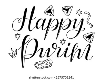 Elegant black and white calligraphy saying Happy Purim with illustrations of hamantaschen, masks, crowns, and Star of David. Vector hand drawn lettering isolated on white background