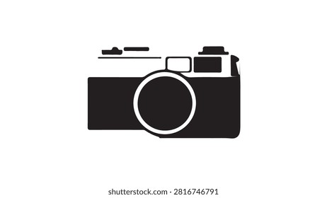 Elegant black and white camera icon representing digital photography and visual media.