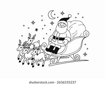 Elegant black and white Christmas illustration with Santa, sleigh, reindeer, and moonlight details