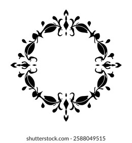 Elegant Black and White Circular Floral Frame Design. Perfect for invitations, cards, and decorative projects. Vintage style, symmetrical pattern, and classic floral motifs.