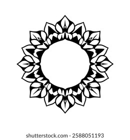 Elegant Black and White Circular Mandala Design: Perfect for invitations, logos, and more. A symmetrical floral pattern with a vintage aesthetic.