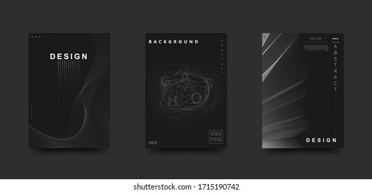 Elegant black and white colors cover set. Abstract chaotic particles pattern. Vector minimalistic design for a template of poster, flyer, card, brochure.