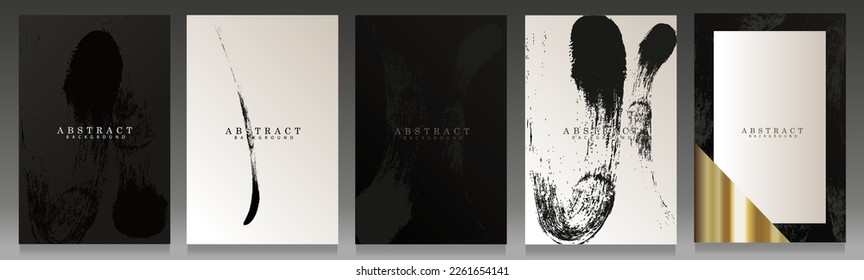 Elegant black and white cover set. Wavy, modern abstract paint strokes: brochures, invitations, menus and backgrounds in minimalist style.