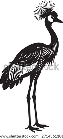 Elegant Black and White Crowned Crane Silhouette Illustration, Majestic Avian Bird Icon or Logo Design.
