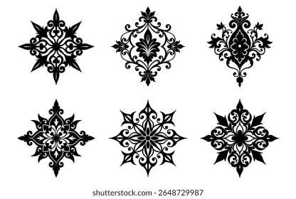 Elegante preto e branco Damasco ornamentos florais; Elementos de design vintage intrincado; Perfeito para convites de casamento ou marca de luxo