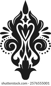 Elegant black and white damask pattern featuring stylized floral and decorative elements, creating a symmetrical design ideal for textiles, wallpaper, or graphic projects
