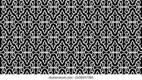 Elegant black and white decorative pattern with ornate symmetrical shapes, ideal for luxury packaging or textile