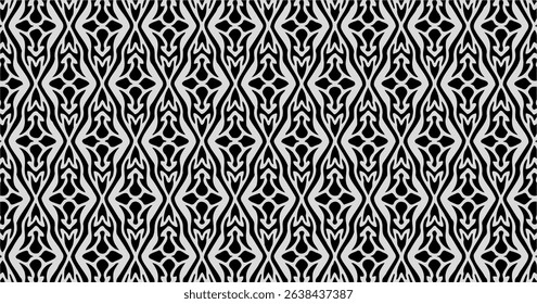 Elegant black and white decorative pattern with ornate symmetrical shapes, ideal for luxury packaging or textile.