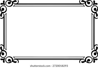 Elegante borde rectangular decorativo en blanco y negro con adornos de esquina simétricos adornados con motivos florales y de vid. Diseño clásico de marco vintage con líneas rectas limpias y un centro en blanco, ideal para certificados, invitaciones, premios, diplomas, documentos formales, marcas de lujo y diseños de impresión. Alta resolución ornamental arte de línea conveniente para el uso profesional y de diseño editorial.