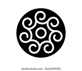 Elegant black  white design featuring stylized swirls in a circle.  Represents flow, growth, or unity. Perfect for logos, patterns, or backgrounds. Versatile graphic.