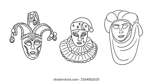 Elegant black and white doodle illustration of three Venetian carnival masks with intricate designs, symbolizing tradition and theatrical art. Vector contour drawings set for carnival