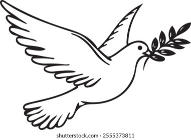Elegant black and white drawing of a dove carrying an olive branch, symbolizing peace and hope. This classic illustration conveys ideas of harmony and unity.
