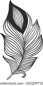 Elegant black and white drawing of a feather, featuring intricate parallel lines that form a stunning design, perfect for fashion accents or decorative elements in any space