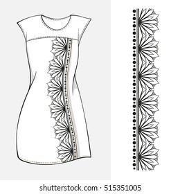Elegant black and white dress mock-up with pattern brush decoration.
