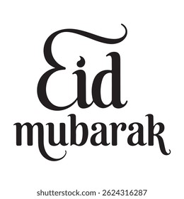 Elegant black and white Eid Mubarak calligraphy design with decorative script for Islamic festival greeting purposes.