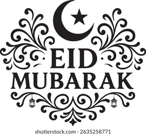 Elegant Black and White Eid Mubarak Calligraphy with Crescent Moon and Ornate Islamic Motifs